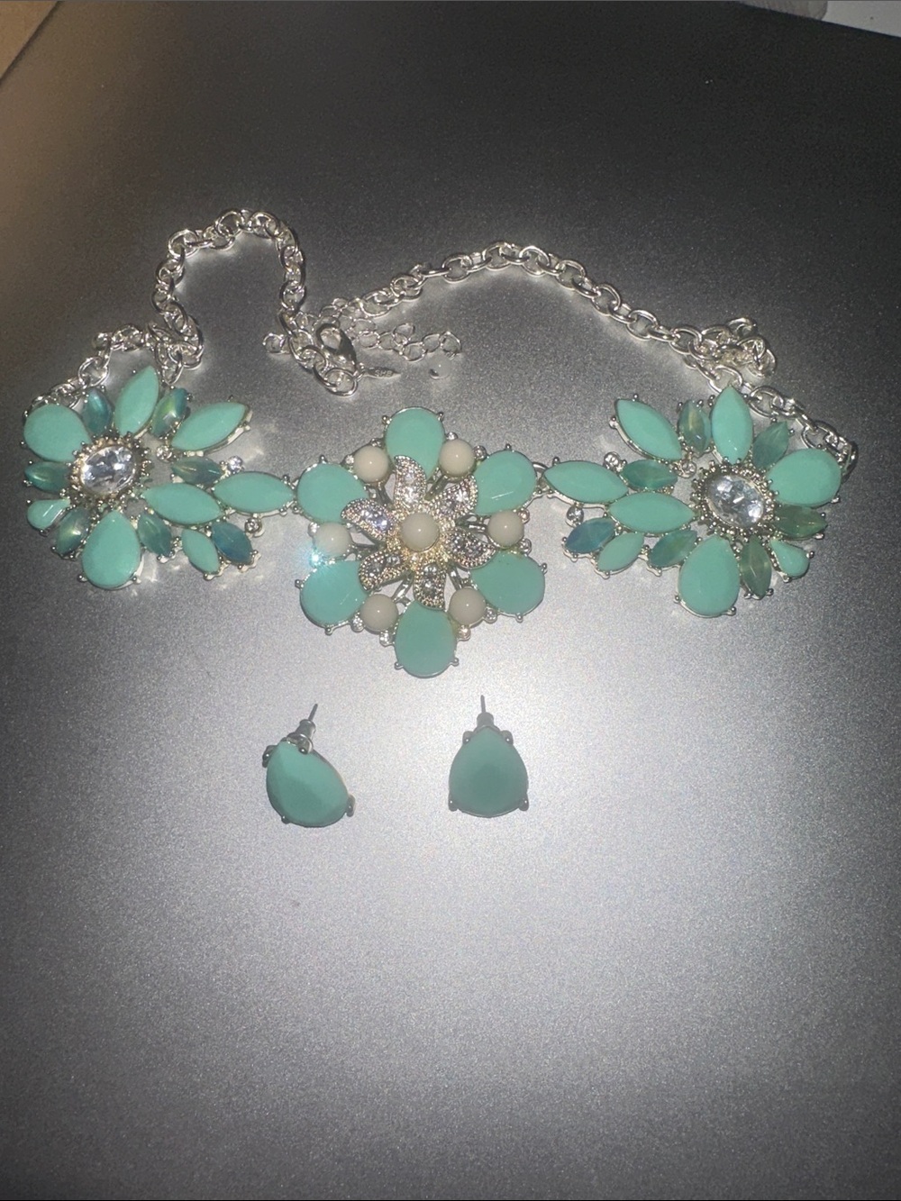 Mint Crystal Statement Necklace & Earrings Set, Avon Steele Magnolias.